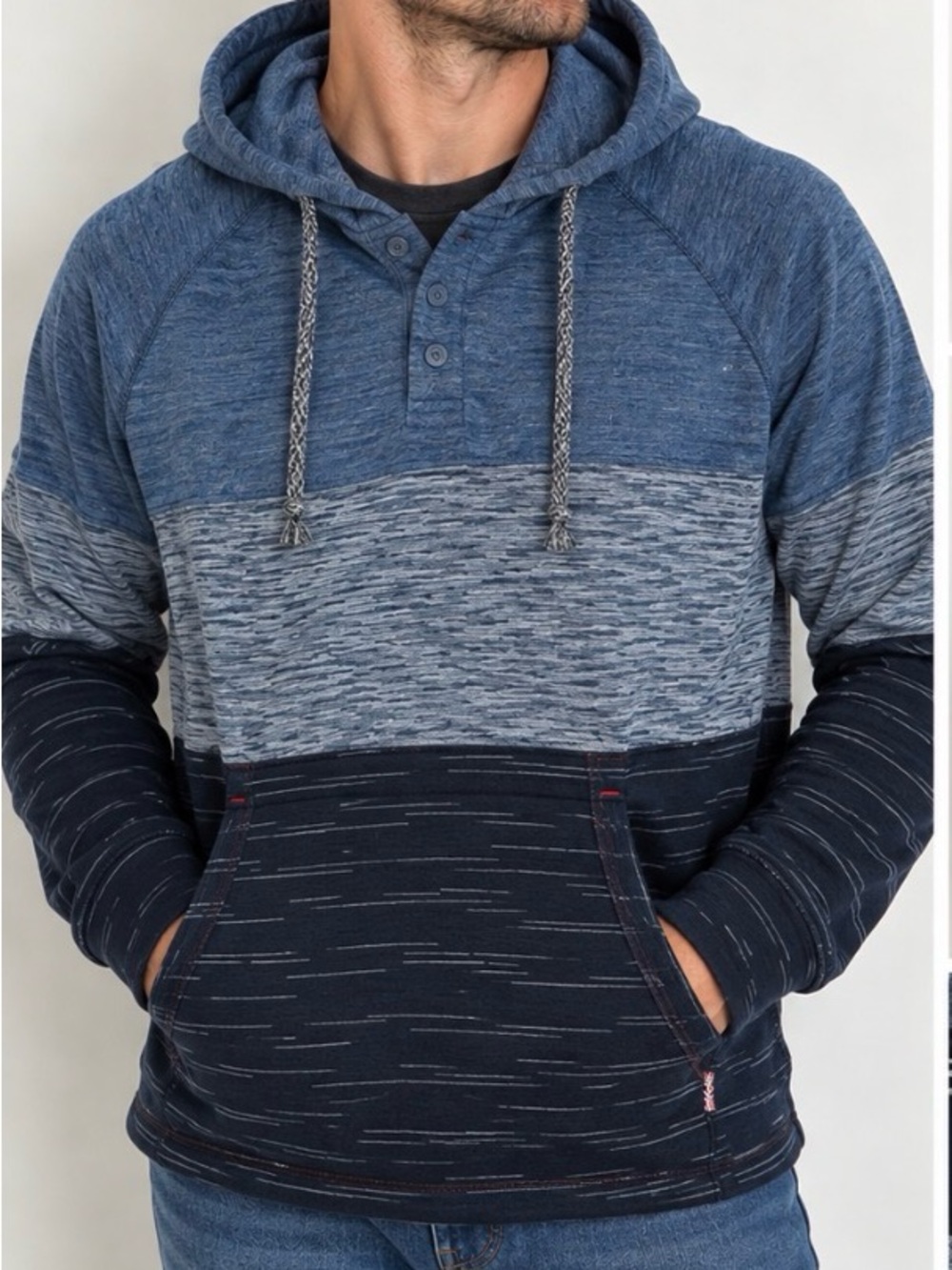 Men’s blue Black Colorblock Hooded Pullover Sweatshirt XL